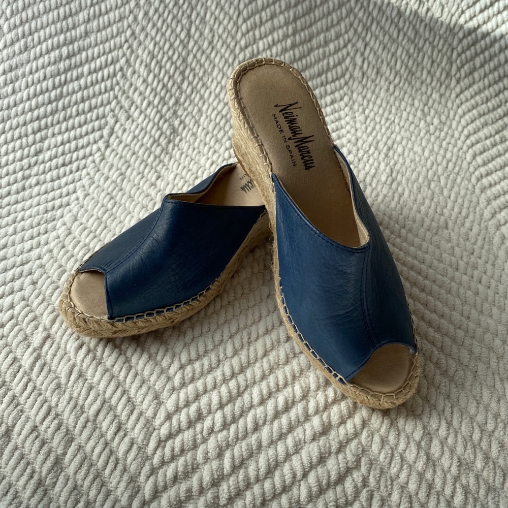 EUC Neiman Marcus Navy Leather Wedges - Size 7